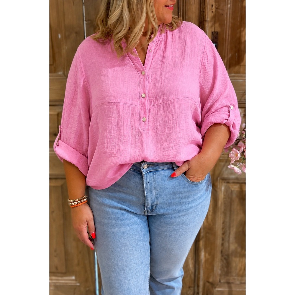 Talbots Plus Pink 100% Linen Popover Tunic Shirt Roll Tab Sleeve Womens 2X